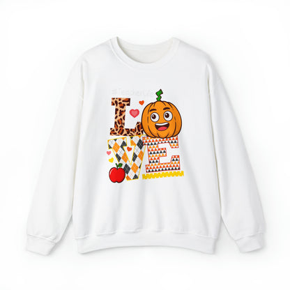 Fall Teacher Sweatshirt, Love and Learning with Pumpkin Charm, Cozy Educator Apparel, Teacher Gift Unisex Heavy Blend™ Crewneck Sweatshirt