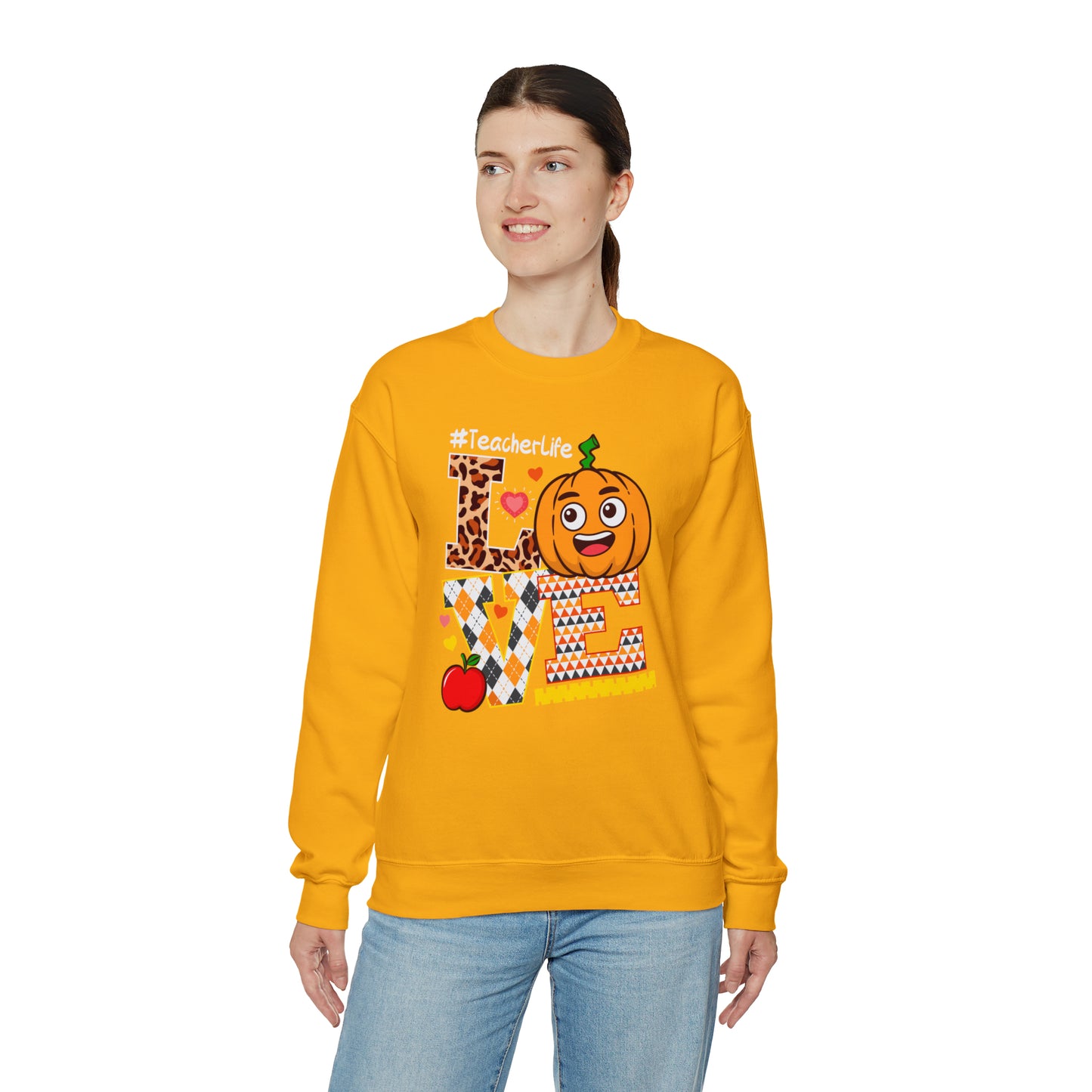 Fall Teacher Sweatshirt, Love and Learning with Pumpkin Charm, Cozy Educator Apparel, Teacher Gift Unisex Heavy Blend™ Crewneck Sweatshirt