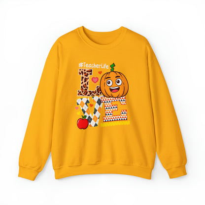 Fall Teacher Sweatshirt, Love and Learning with Pumpkin Charm, Cozy Educator Apparel, Teacher Gift Unisex Heavy Blend™ Crewneck Sweatshirt