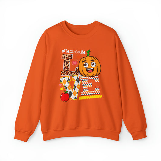 Fall Teacher Sweatshirt, Love and Learning with Pumpkin Charm, Cozy Educator Apparel, Teacher Gift Unisex Heavy Blend™ Crewneck Sweatshirt