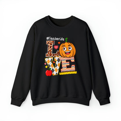 Fall Teacher Sweatshirt, Love and Learning with Pumpkin Charm, Cozy Educator Apparel, Teacher Gift Unisex Heavy Blend™ Crewneck Sweatshirt