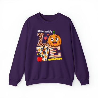 Fall Teacher Sweatshirt, Love and Learning with Pumpkin Charm, Cozy Educator Apparel, Teacher Gift Unisex Heavy Blend™ Crewneck Sweatshirt