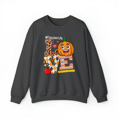 Fall Teacher Sweatshirt, Love and Learning with Pumpkin Charm, Cozy Educator Apparel, Teacher Gift Unisex Heavy Blend™ Crewneck Sweatshirt