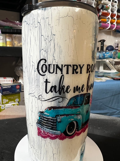 20 oz Crackled Antique Tumbler - "Country Roads, Take Me Home" Truck Graphic