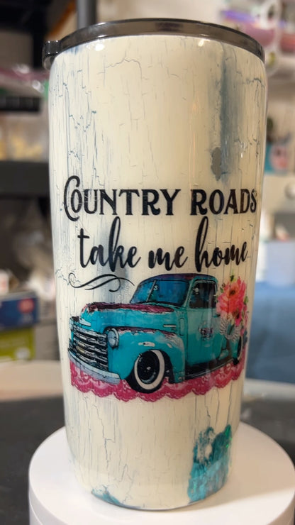 20 oz Crackled Antique Tumbler - "Country Roads, Take Me Home" Truck Graphic